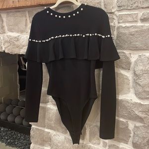 Black Ribbed Sweater Body Suit with Ruffle and Pearl Detail